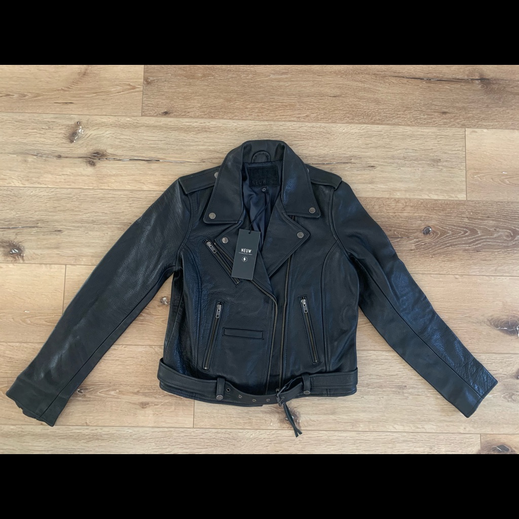 Nwot Neuw Black Leather Belted Biker Jacket